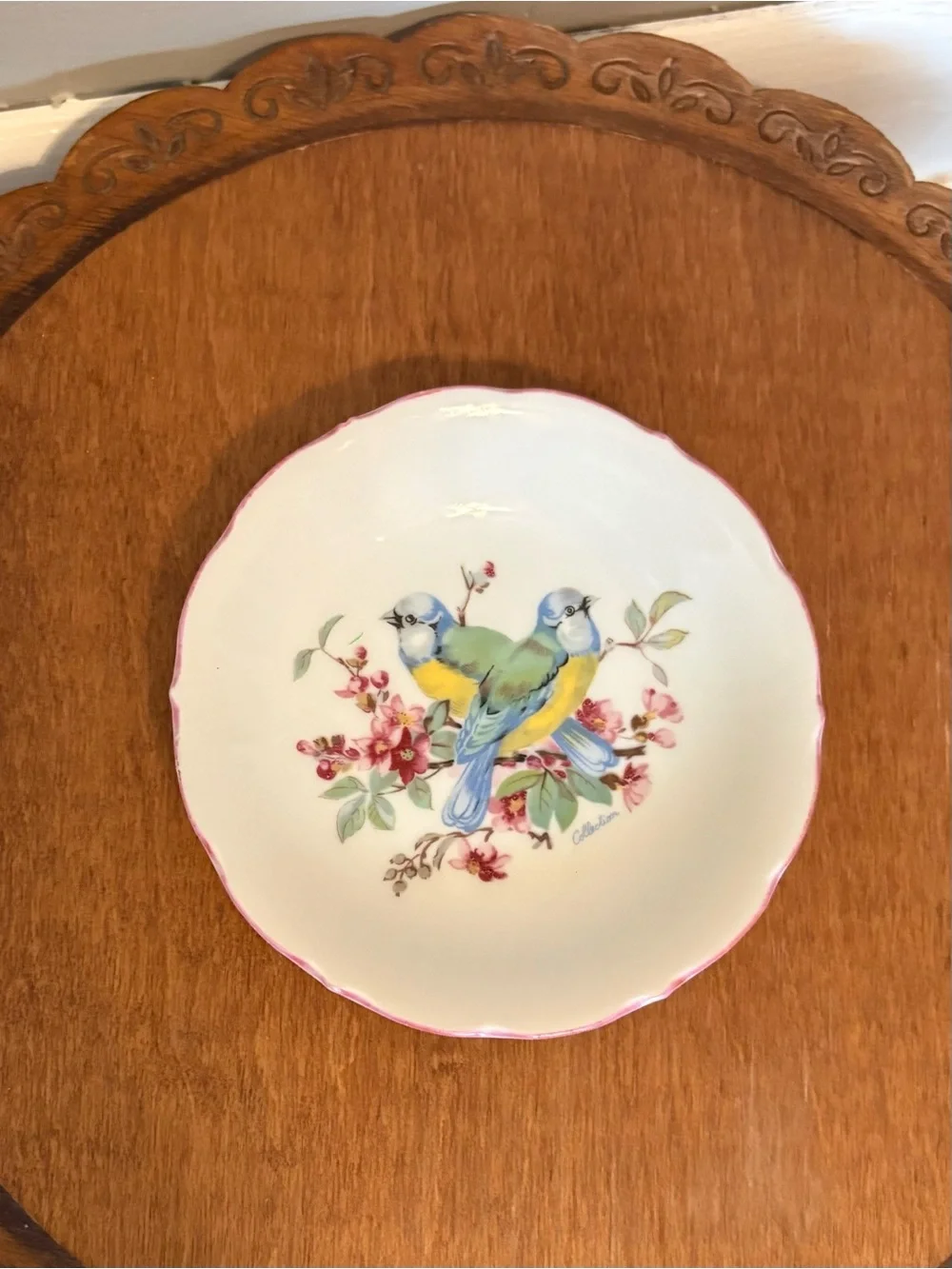 Porcelain Bird Decorative Plate in White and Pink